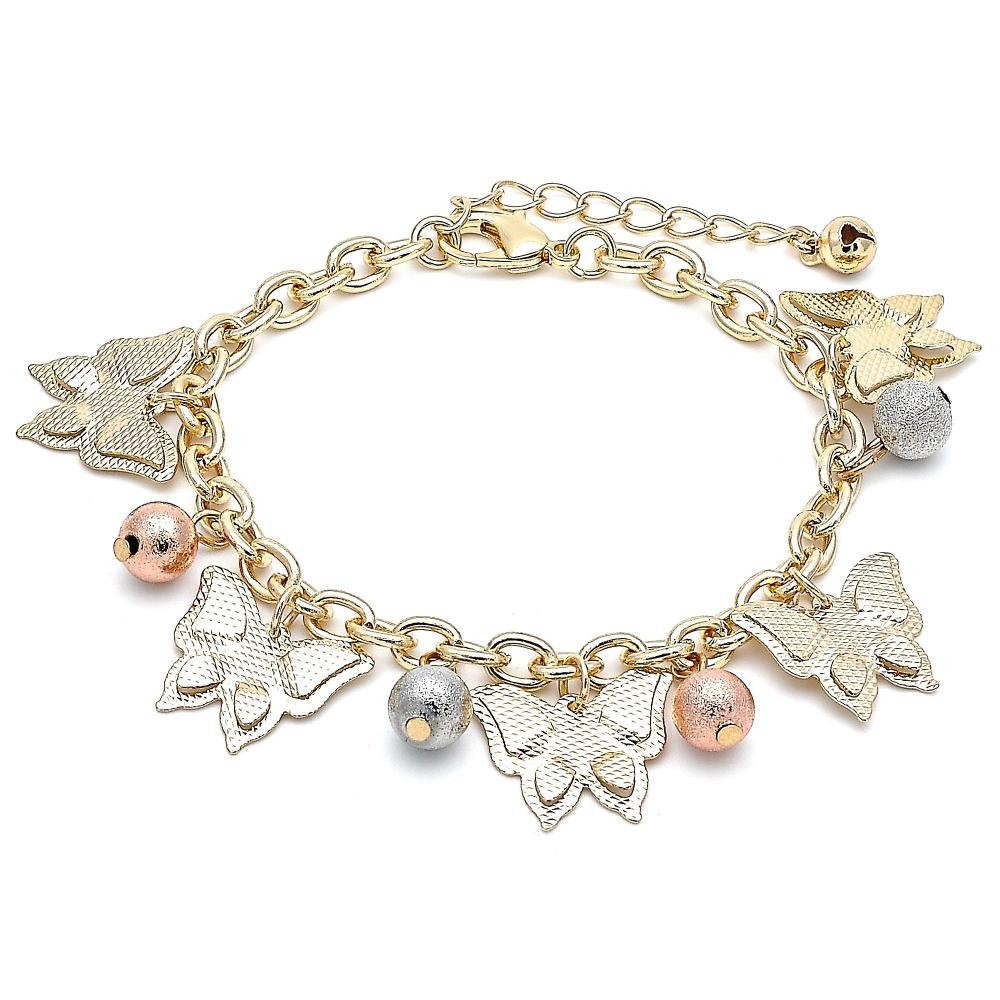Gold Filled Charm Bracelet Butterfly and Ball Design Diamond Cutting Finish Tri Tone