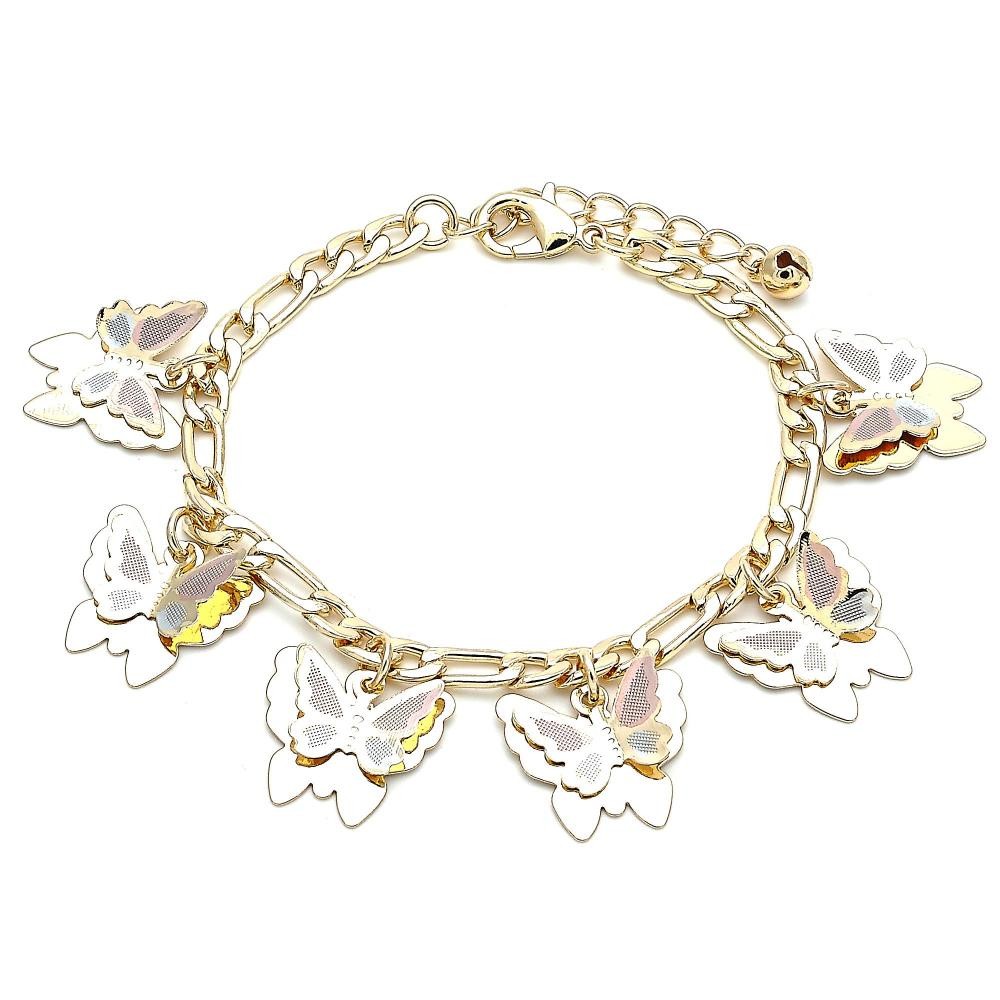 Gold Filled Charm Bracelet Butterfly Design Polished Finish Tri Tone