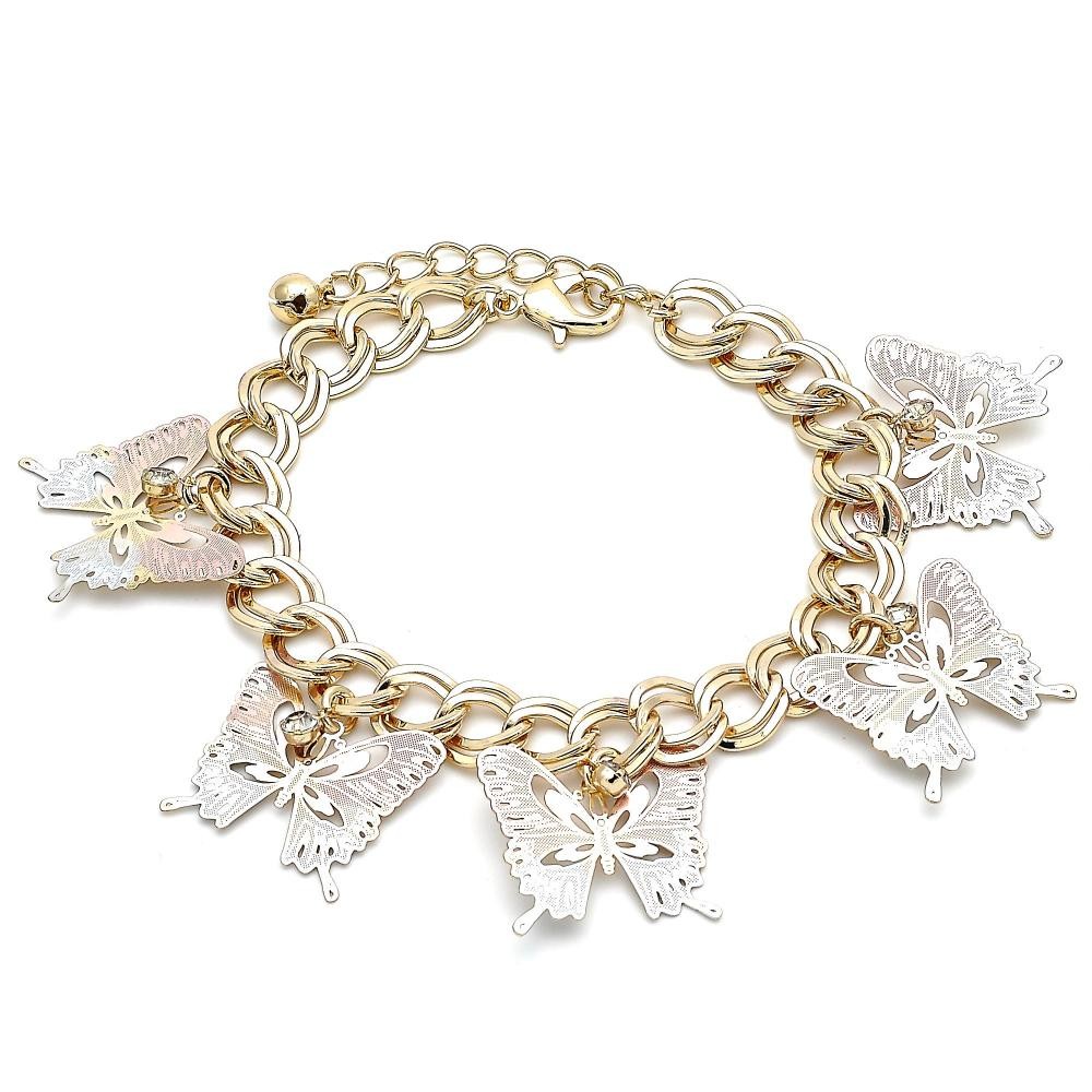 Gold Filled Charm Bracelet Butterfly Design With White Crystal Polished Finish Tri Tone