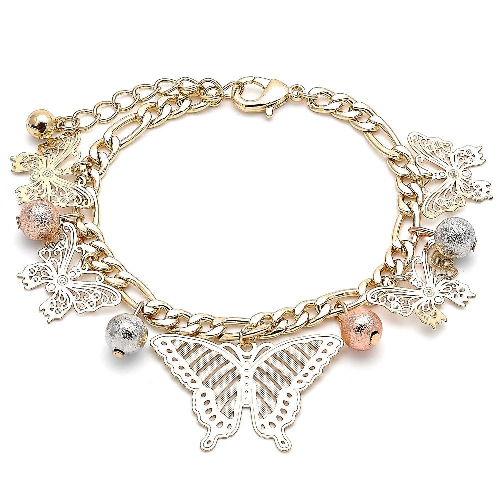 Gold Filled Charm Bracelet Butterfly and Ball Design Matte Finish Tri Tone