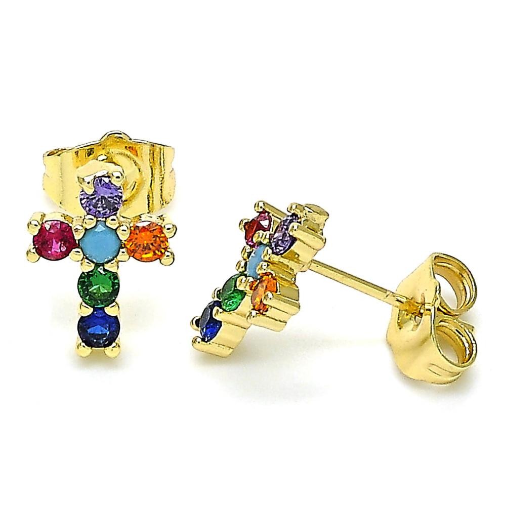 Gold Filled Stud Earring Cross Design With Multicolor Cubic Zirconia Polished Finish Golden Tone