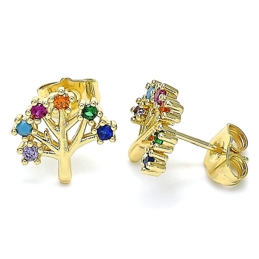 Gold Filled Stud Earring Tree Design With Multicolor Cubic Zirconia Polished Finish Golden Tone