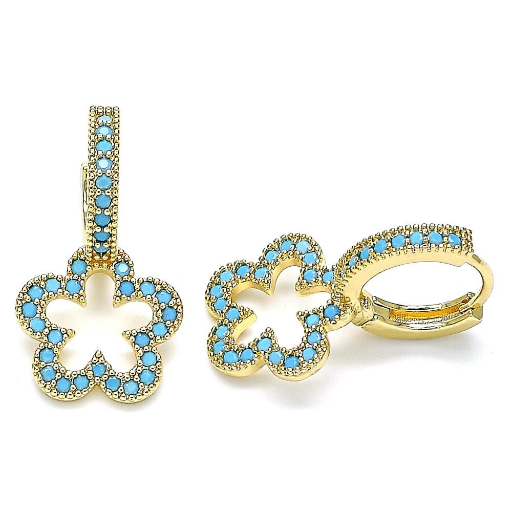 Gold Filled Huggie Hoop Flower Design With Turquoise Micro Pave Polished Finish Golden Tone