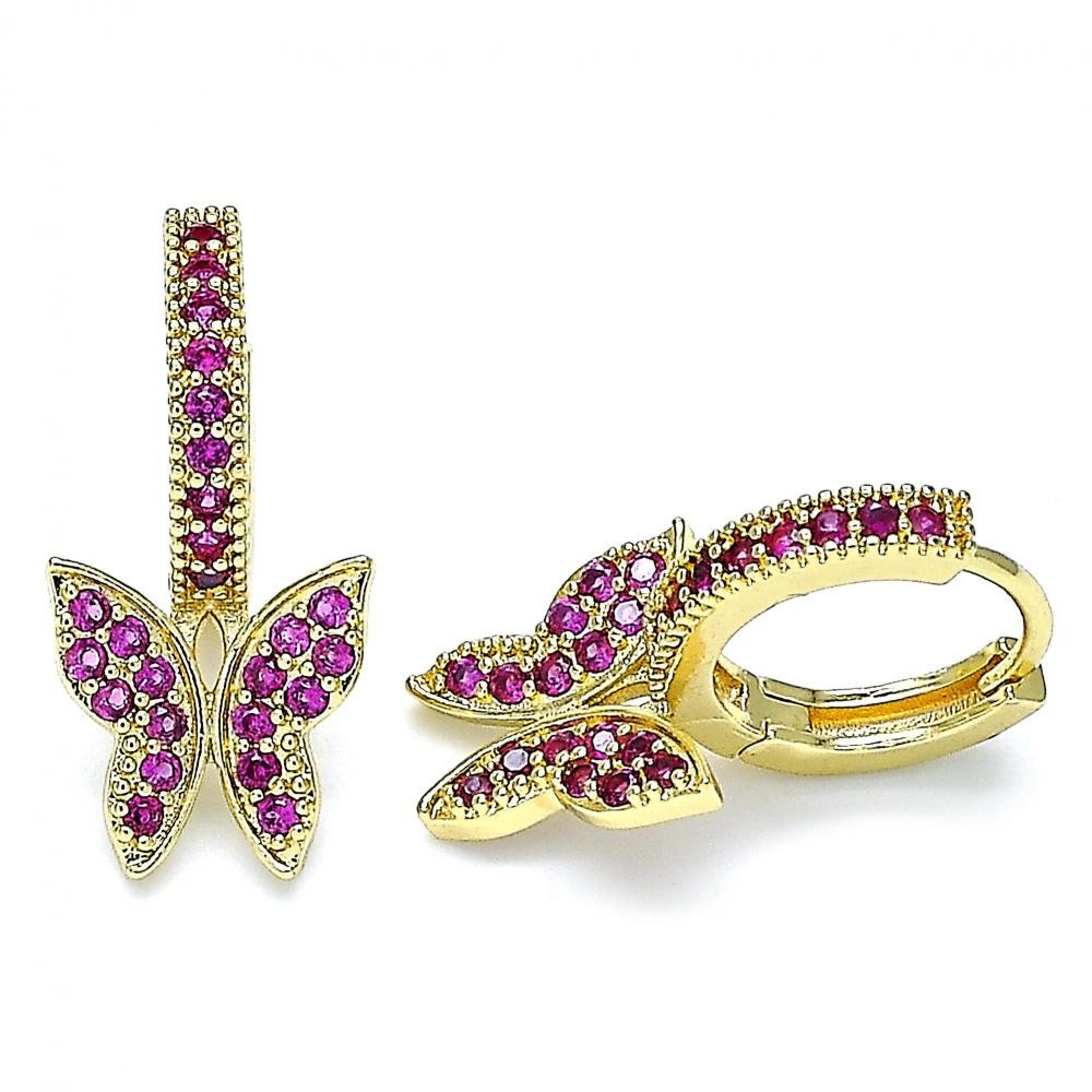 Gold Filled Huggie Hoop Butterfly Design With Ruby Micro Pave Polished Finish Golden Tone