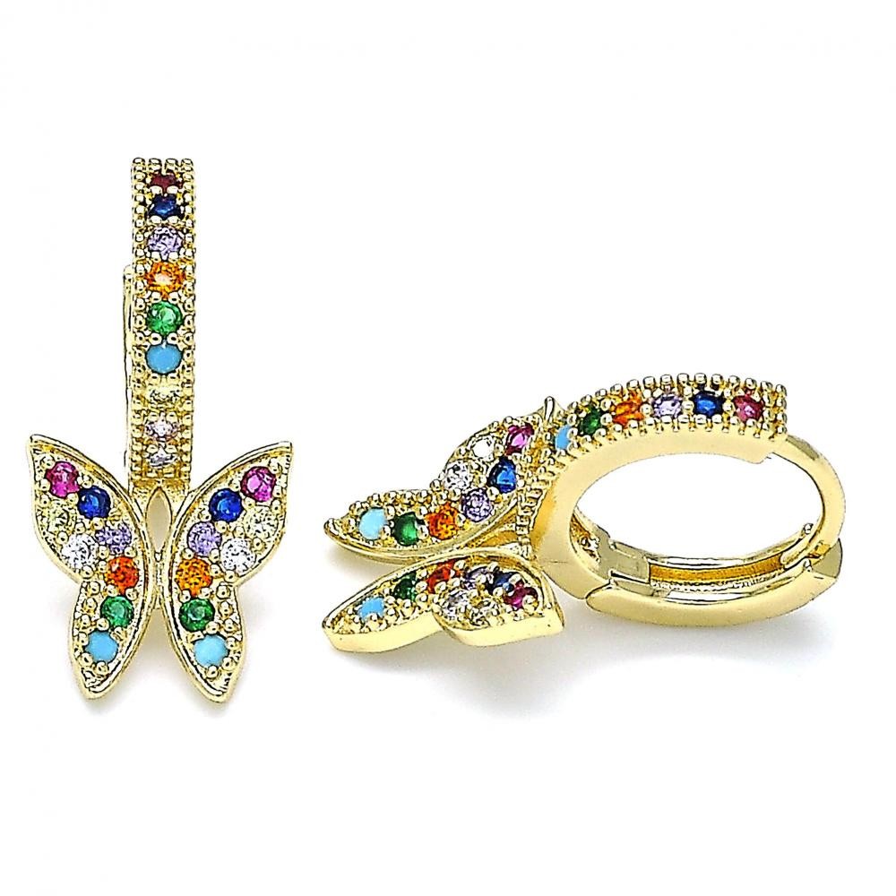 Gold Filled Huggie Hoop Butterfly Design With Multicolor Micro Pave Polished Finish Golden Tone