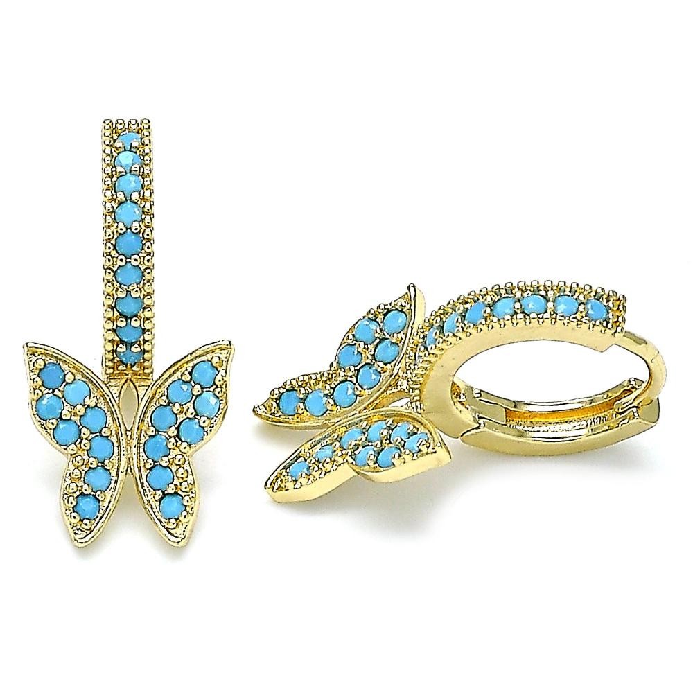 Gold Filled Huggie Hoop Butterfly Design With Turquoise Micro Pave Polished Finish Golden Tone