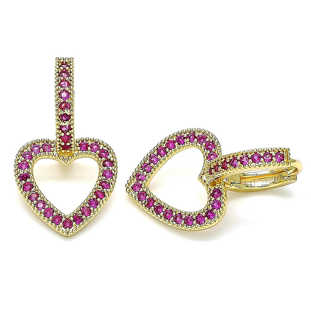 Gold Filled Huggie Hoop Heart Design With Ruby Micro Pave Polished Finish Golden Tone