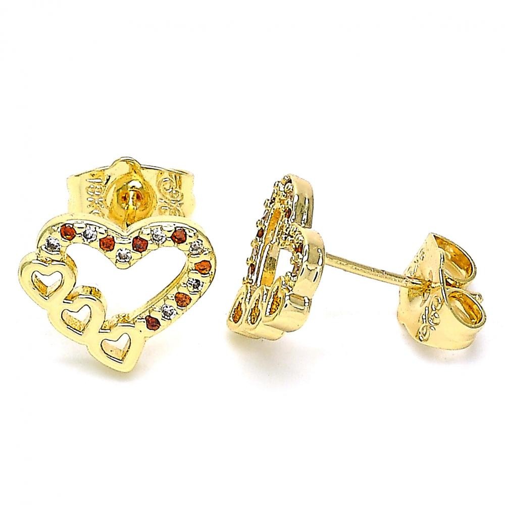 Gold Filled Heart Design Stud Earrings With Garnet and White Micro Pave Polished Finish Golden Tone