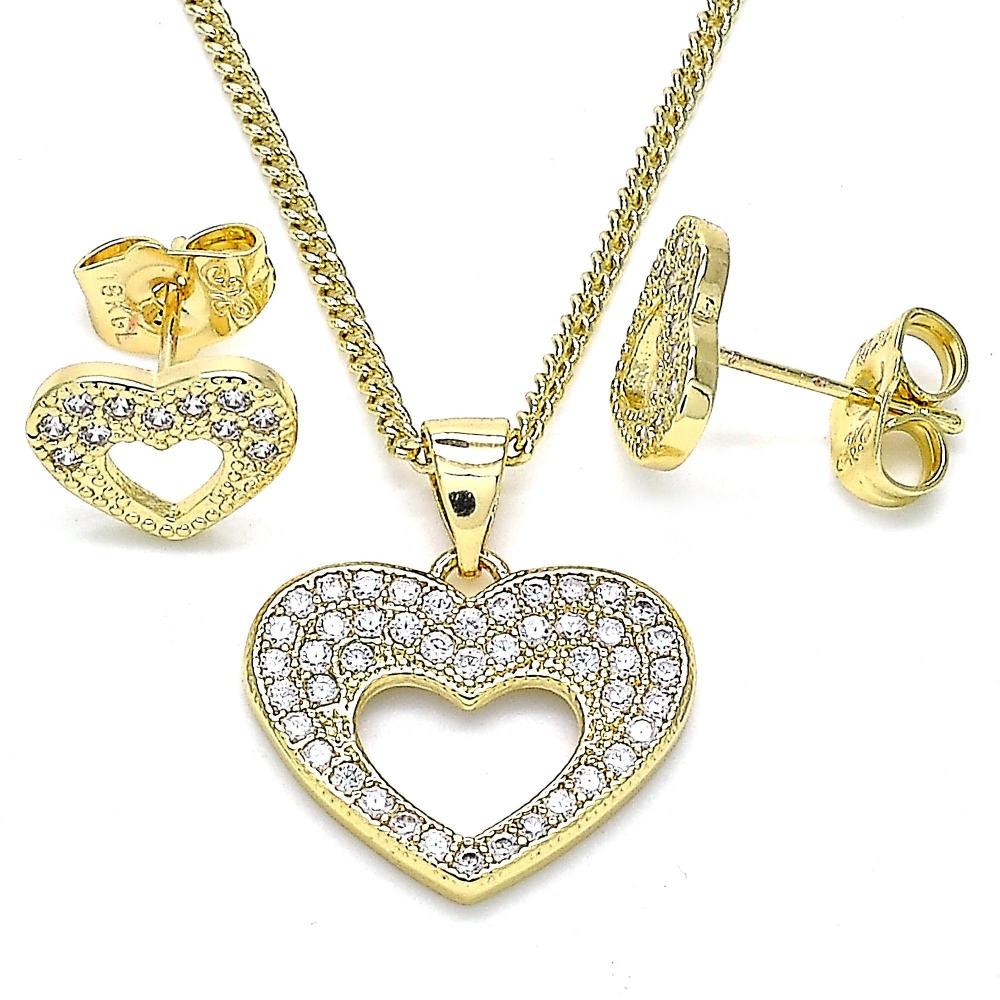 Gold Filled Earring and Pendant Adult Set Heart Design With White Micro Pave Polished Finish Golden Tone