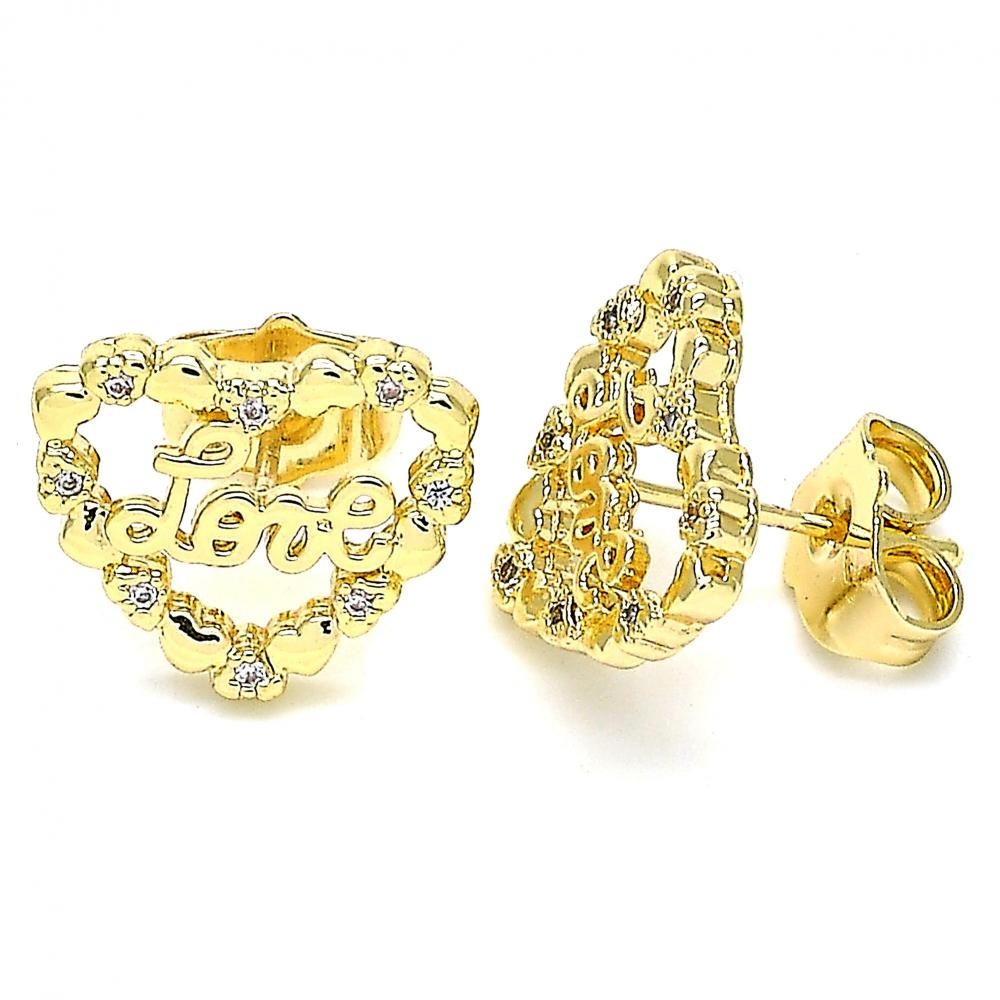Gold Filled Stud Earring Heart and Love Design With White Micro Pave Polished Finish Golden Tone