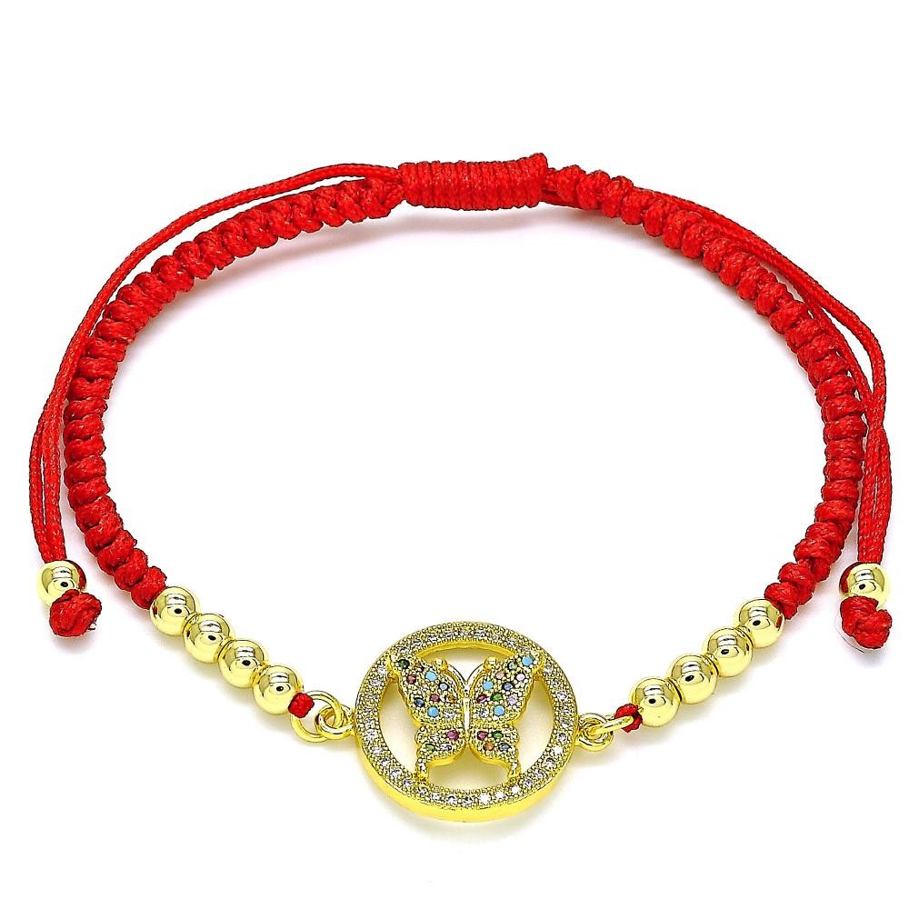 Gold Filled Adjustable Bolo Bracelet Butterfly and Ball Design With Multicolor Micro Pave Polished Finish Golden Tone