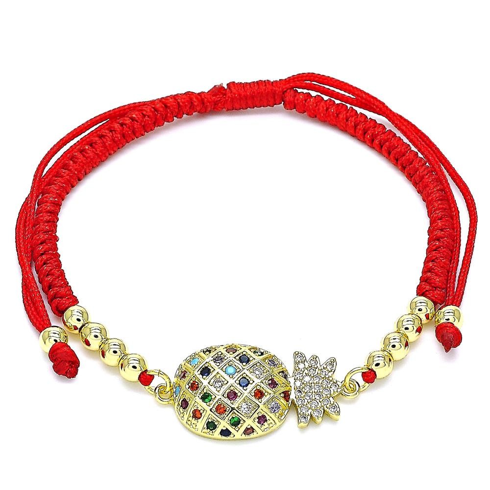 Gold Filled Adjustable Bolo Bracelet Pineapple and Ball Design With Multicolor Micro Pave Polished Finish Golden Tone