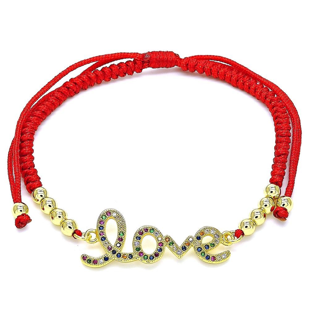 Gold Filled Adjustable Bolo Bracelet Love and Ball Design With Multicolor Micro Pave Polished Finish Golden Tone