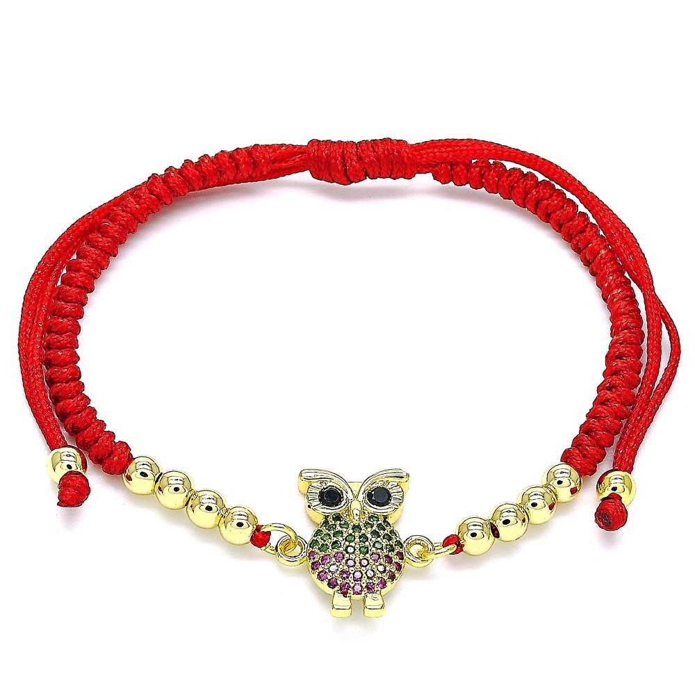 Gold Filled Adjustable Bolo Bracelet Owl and Ball Design With Ruby and Green Micro Pave Polished Finish Golden Tone