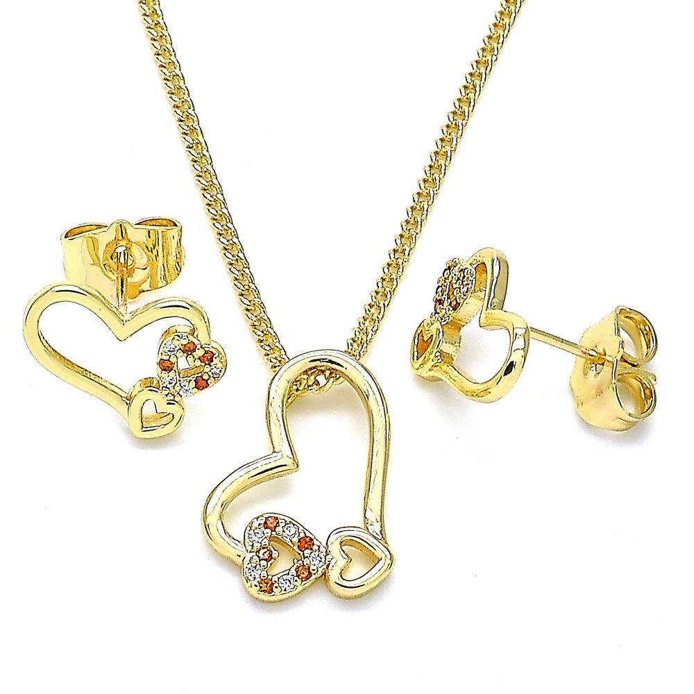 Gold Filled Earring and Pendant Set Heart Design With Garnet and White Micro Pave Polished Finish Golden Tone