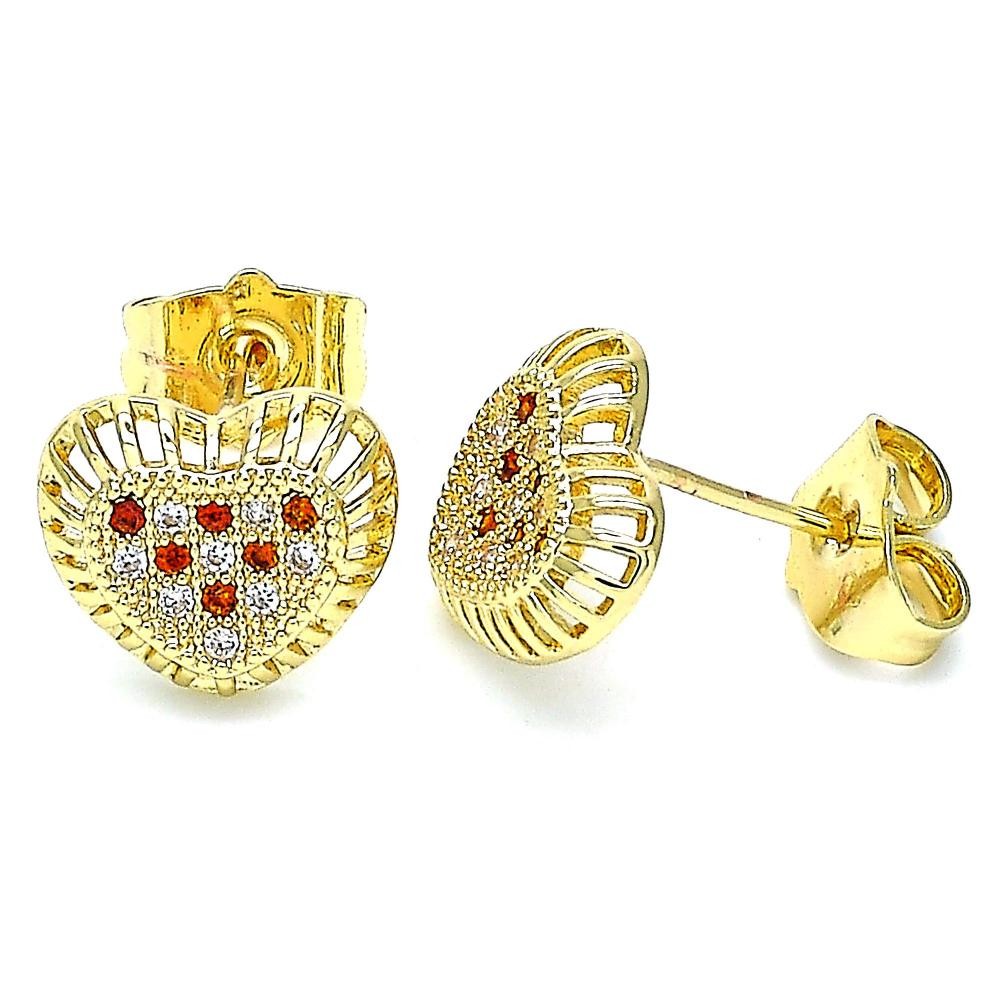 Gold Filled Stud Earring Heart Design With Garnet and White Micro Pave Polished Finish Golden Tone