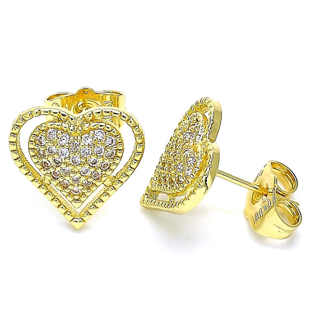Gold Filled Stud Earring Heart Design With White Micro Pave Polished Finish Golden Tone
