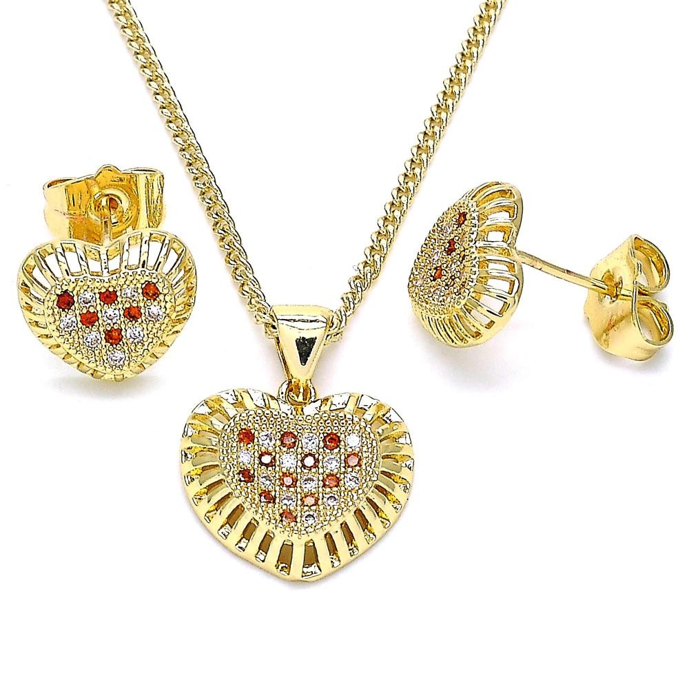 Gold Filled Earring and Pendant Adult Set Heart Design With Garnet and White Micro Pave Polished Finish Golden Tone