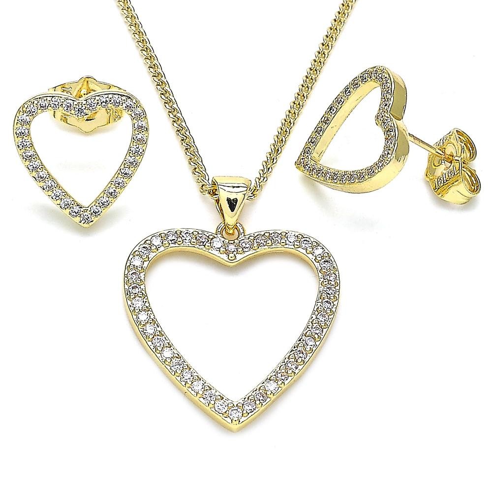 Gold Filled Earring and Pendant Set Heart Design With White Micro Pave Polished Finish Golden Tone