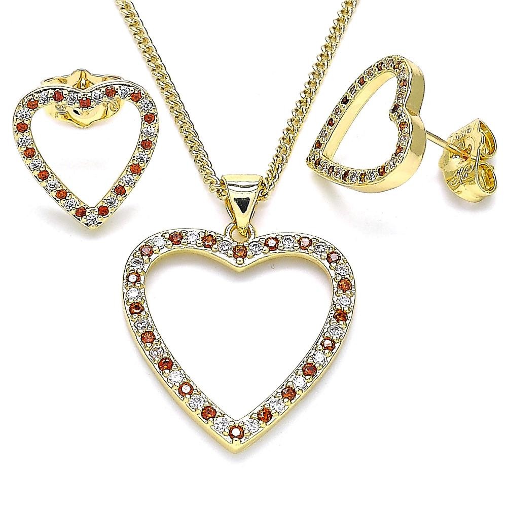 Gold Filled Earring and Pendant Set Heart Design With Garnet and White Micro Pave Polished Finish Golden Tone
