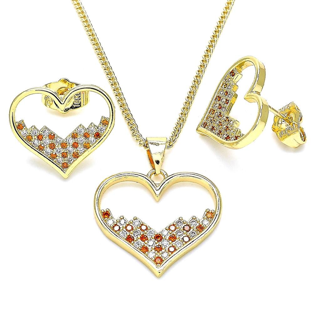 Gold Filled Earring and Pendant Set Heart Design With Garnet and White Micro Pave Polished Finish Golden Tone