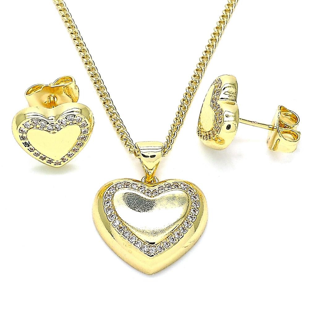 Gold Filled Earring and Pendant Set Heart Design With White Micro Pave Polished Finish Golden Tone