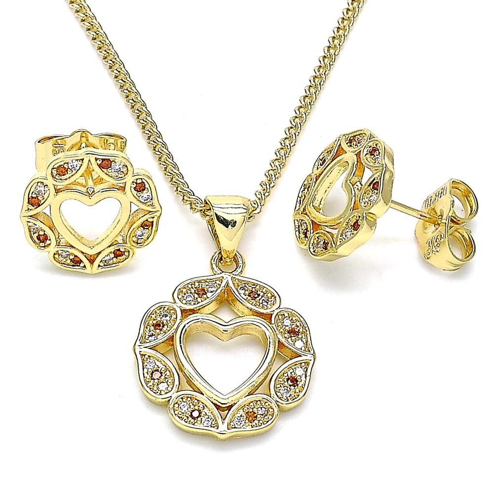 Gold Filled Earring and Pendant Set Heart Design With Garnet and White Micro Pave Polished Finish Golden Tone