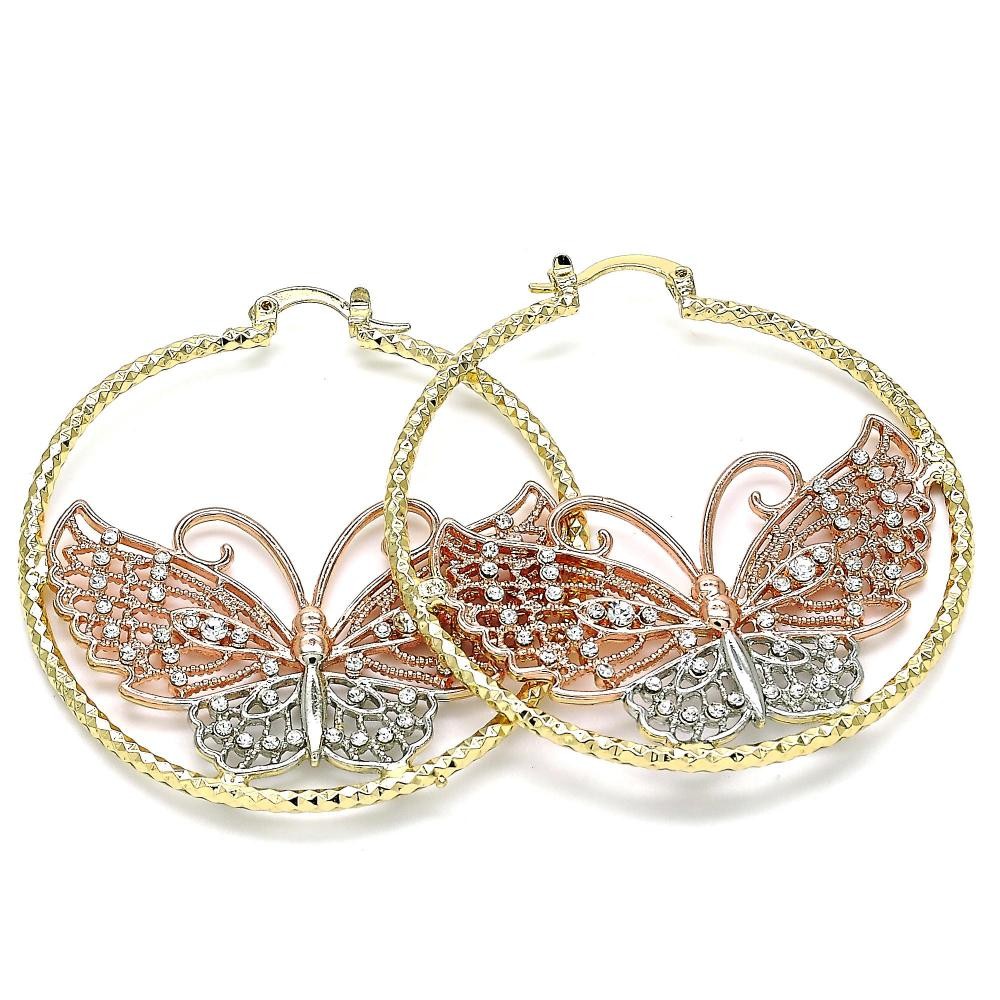 Gold Filled 50mm Large Hoop Earrings Butterfly Design With White Crystal Diamond Cutting Finish Tri Tone
