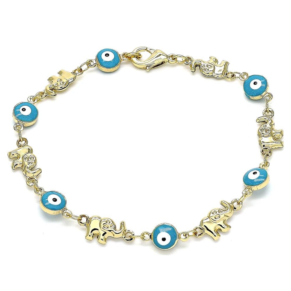 Gold Filled Fancy Bracelet Greek Eye and Elephant Design Turquoise Enamel Finish Golden Tone
