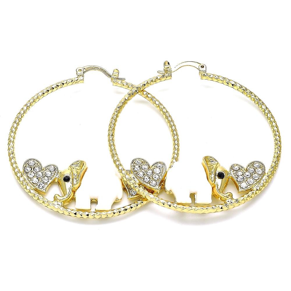 Gold Filled Large Hoop Elephant and Heart Design With White and Black Crystal White Resin Finish Golden Tone