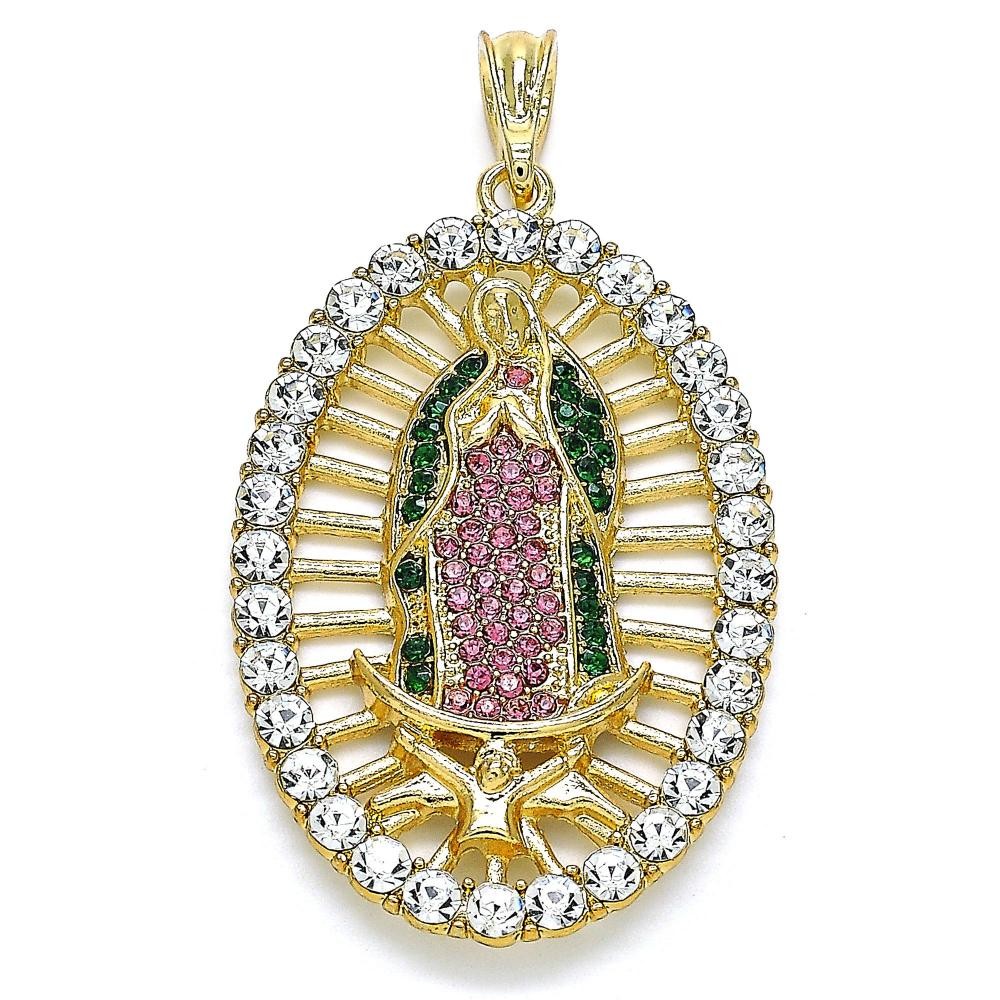 Gold Filled Religious Pendant Guadalupe Design With Multicolor Crystal Polished Finish Golden Tone