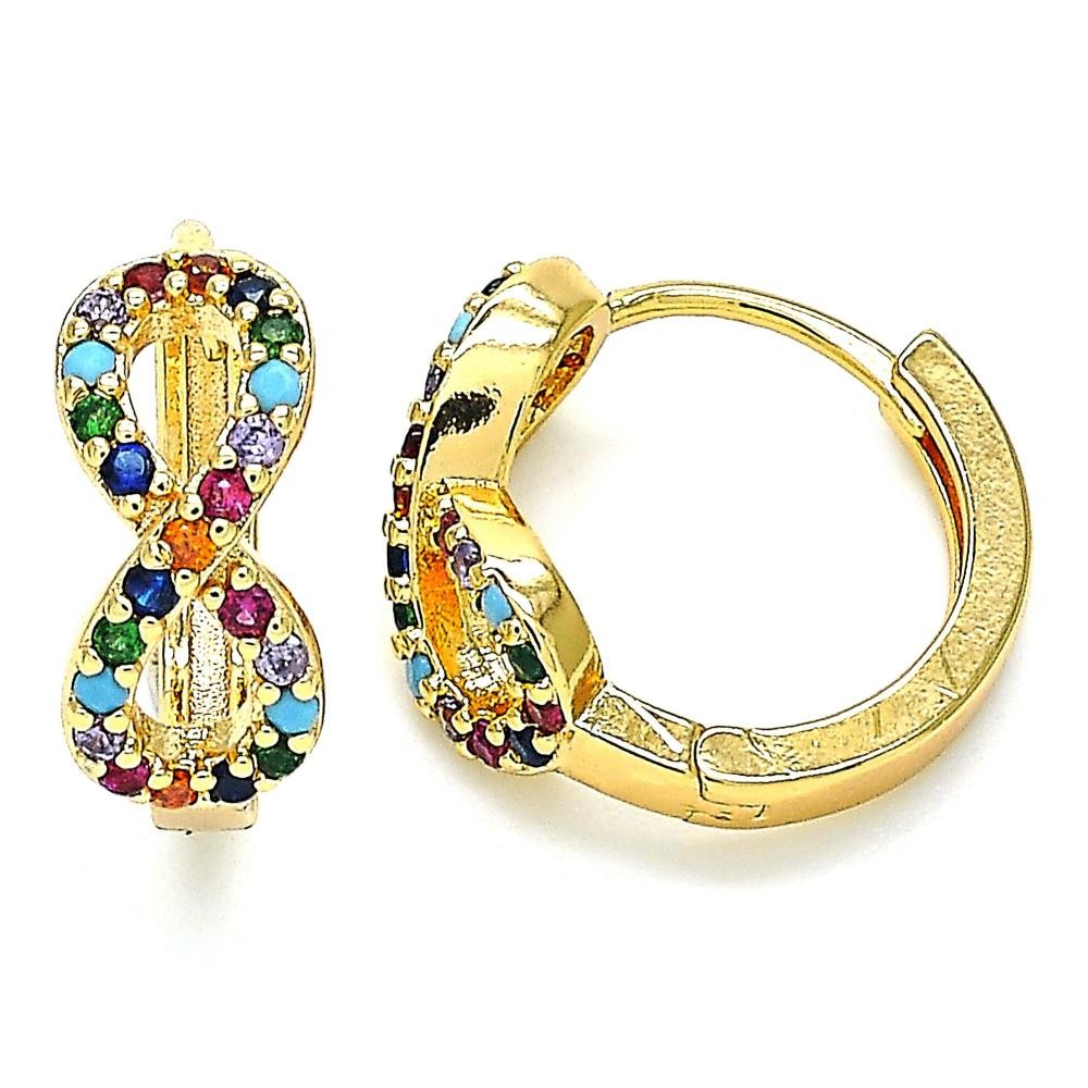 Gold Filled Huggie Hoop Infinite Design With Multicolor Micro Pave Polished Finish Golden Tone