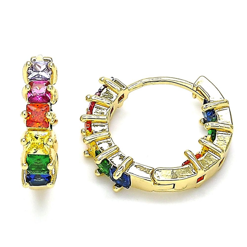 Gold Filled Huggie Hoop Earrings Baguette Design With Multicolor Cubic Zirconia Polished Finish Golden Tone