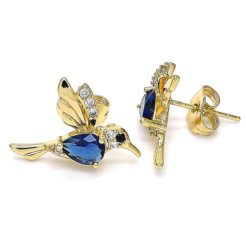 Gold Filled Stud Earrings Bird Design With Blue Micro Pave Polished Finish Golden Tone