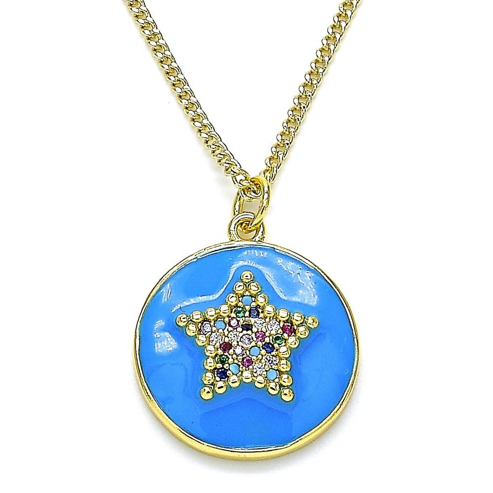 Gold Filled Pendant Necklace Star Design With Multicolor Micro Pave Blue Enamel Finish Golden Tone