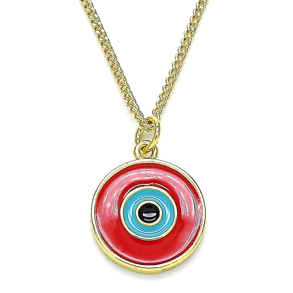 Gold Filled Pendant Necklace Greek Eye Design Red Enamel Finish Golden Tone