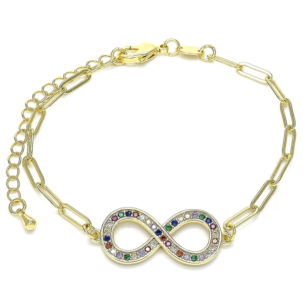Gold Filled Fancy Bracelet Infinite and Paperclip Design With Multicolor Micro Pave Polished Finish Golden Tone