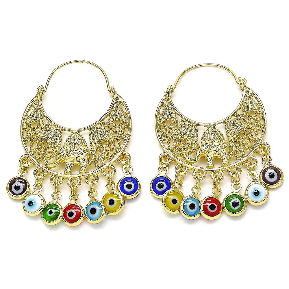 Gold Filled Long Earring Elephant and Greek Eye Design Multicolor Resin Finish Golden Tone