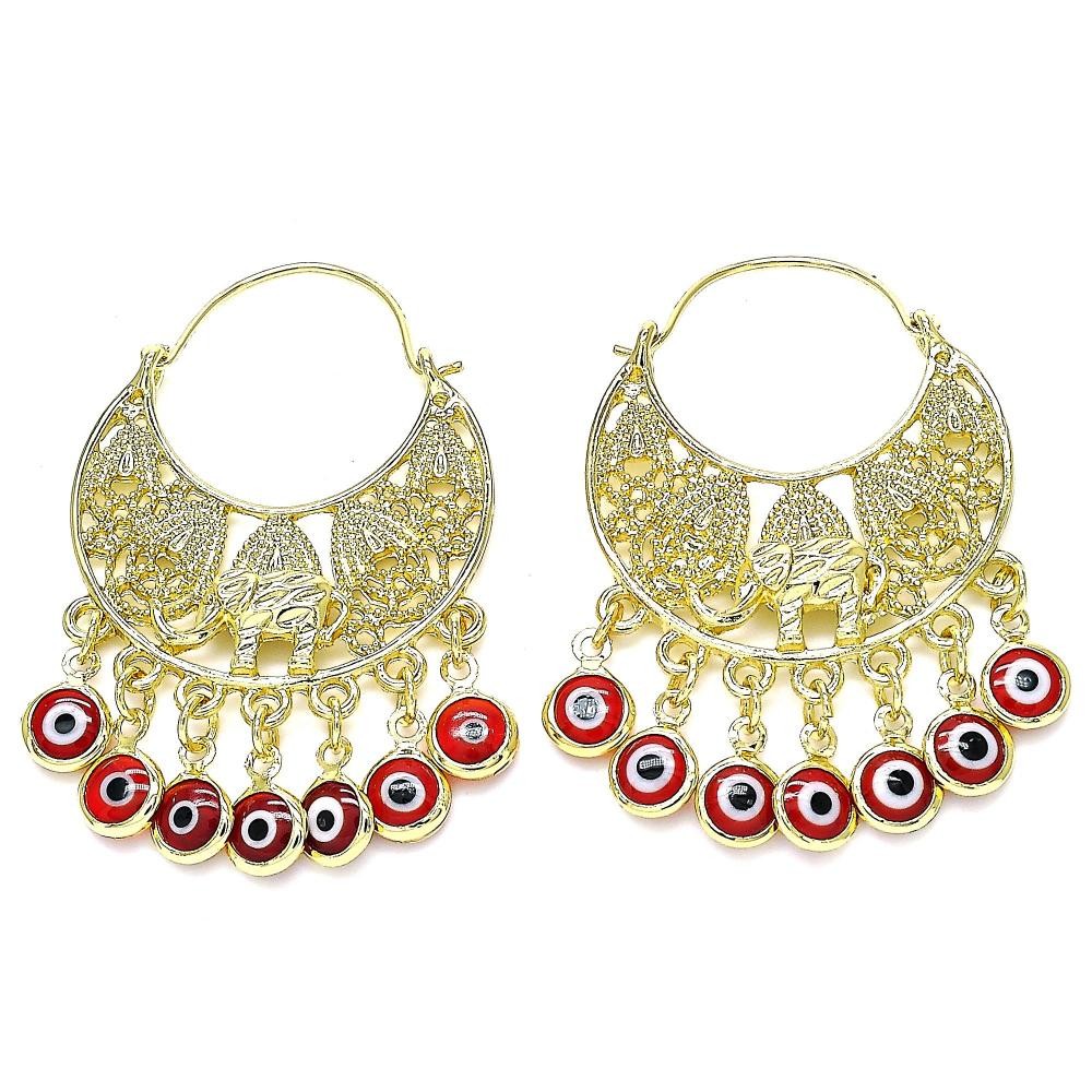 Gold Filled Long Earring Elephant and Greek Eye Design Red Resin Finish Golden Tone