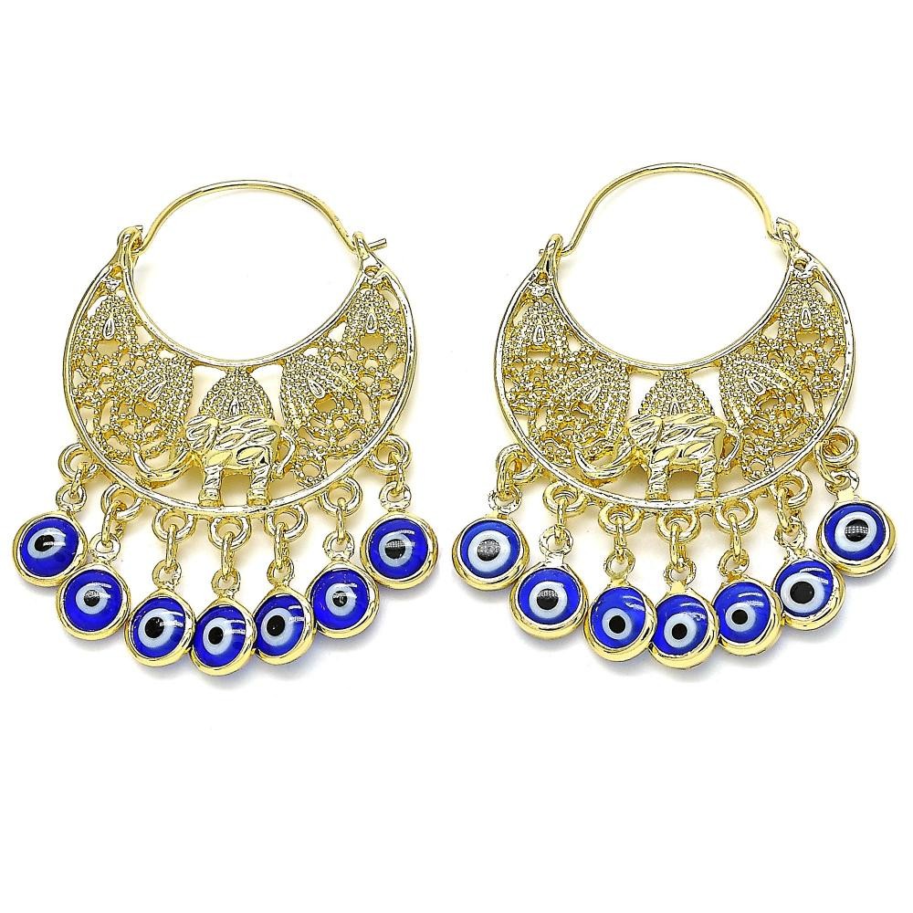 Gold Filled Long Earring Elephant and Greek Eye Design Blue Resin Finish Golden Tone