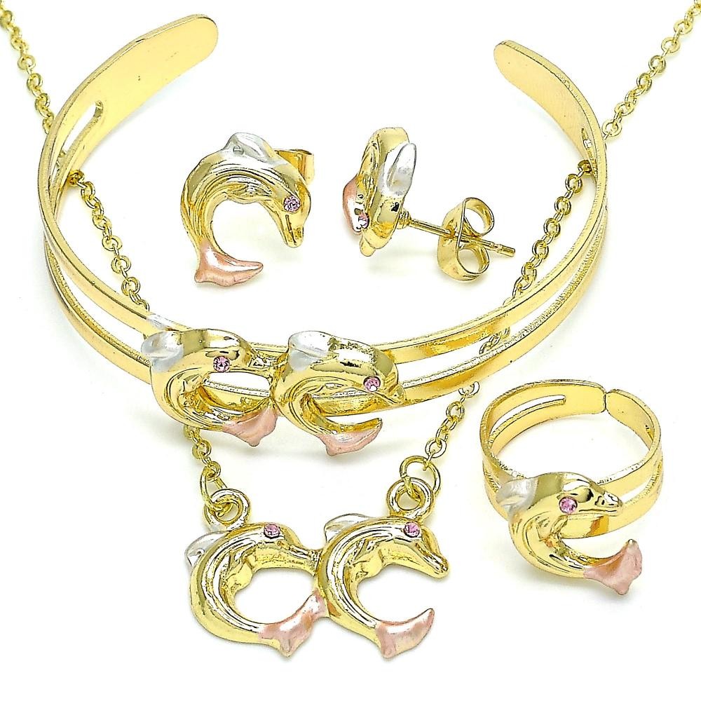 Gold Filled Necklace Bracelet Earring and Ring Dolphin Design With Pink Crystal Polished Finish Tri Tone