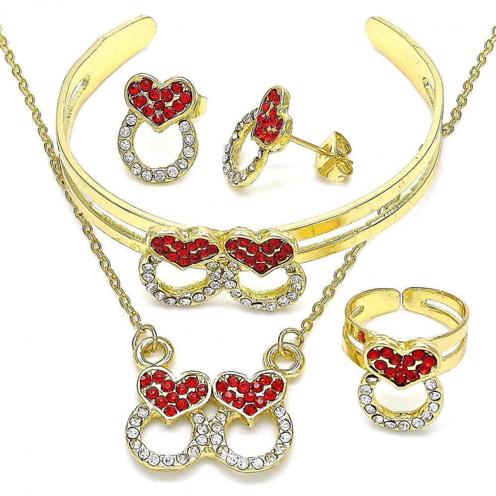 Gold Filled Necklace Bracelet Earring and Ring Heart Design With Garnet and White Crystal Polished Finish Golden Tone
