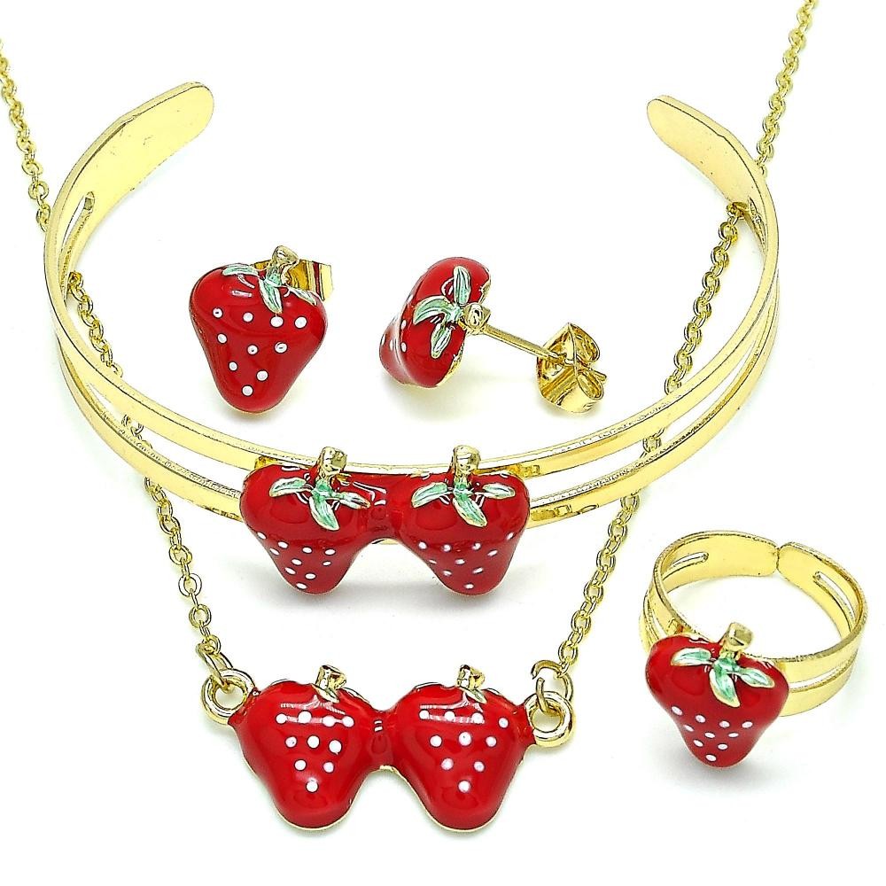 Gold Filled Necklace Bracelet Earring and Ring Strawberry Design Red Enamel Finish Two Tone
