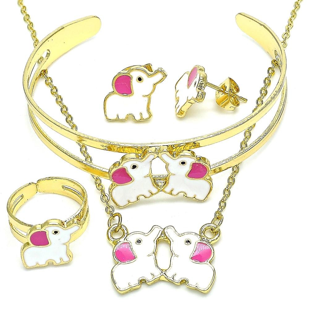 Gold Filled Necklace Bracelet Earring and Ring Elephant Design Pink Enamel Finish Golden Tone