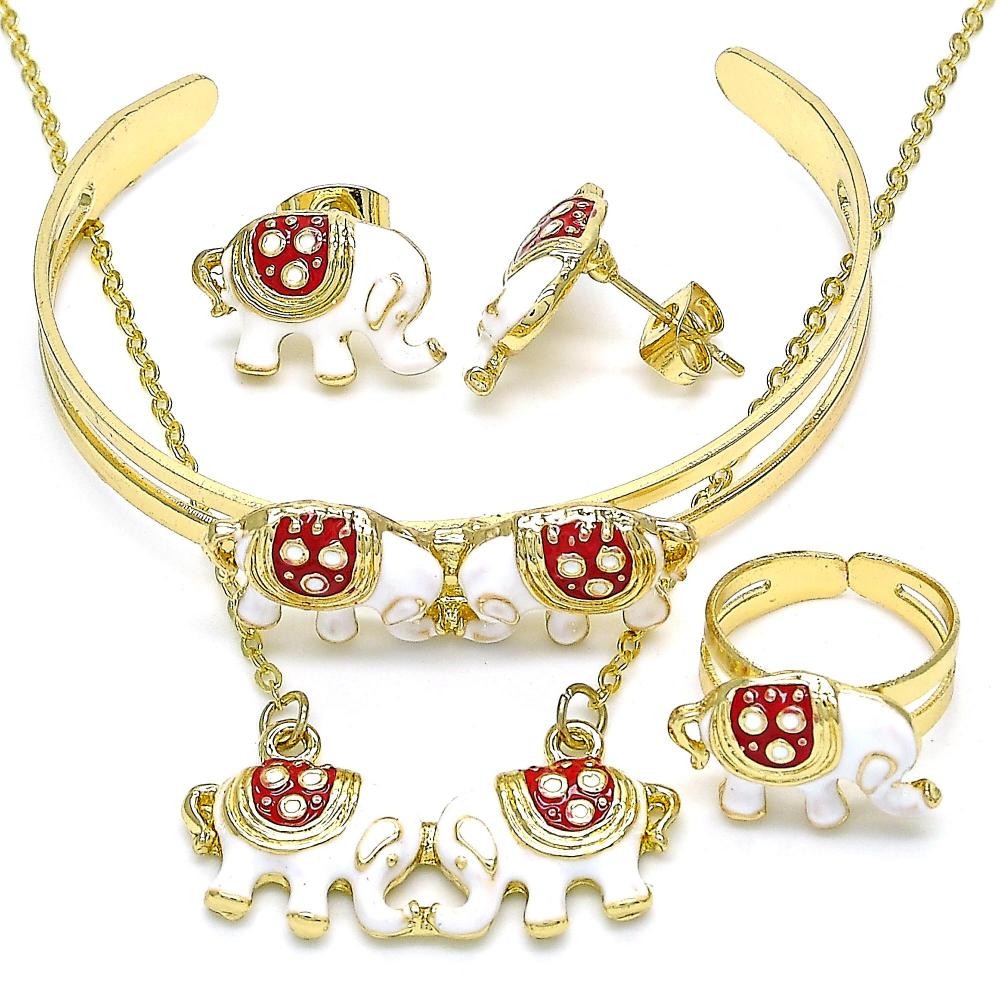 Gold Filled Necklace Bracelet Earring and Ring Elephant Design Red Enamel Finish Golden Tone