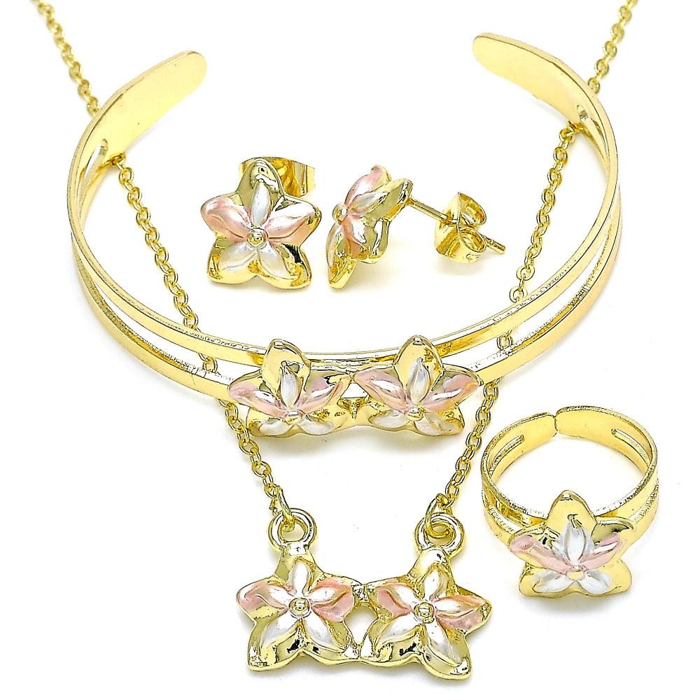 Gold Filled Necklace Bracelet Earring and Ring Flower Design Polished Finish Tri Tone