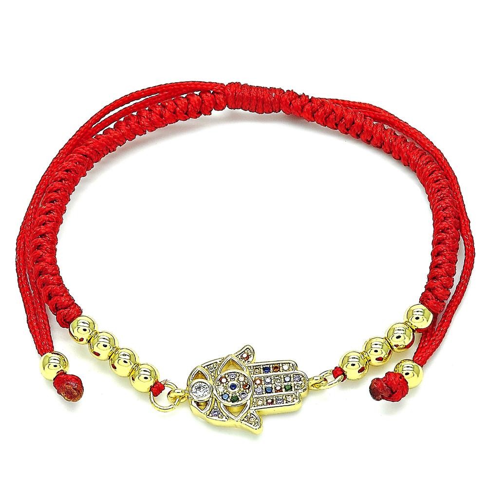 Gold Filled Adjustable Bolo Bracelet Hand of God and Ball Design With Multicolor Micro Pave Polished Finish Golden Tone