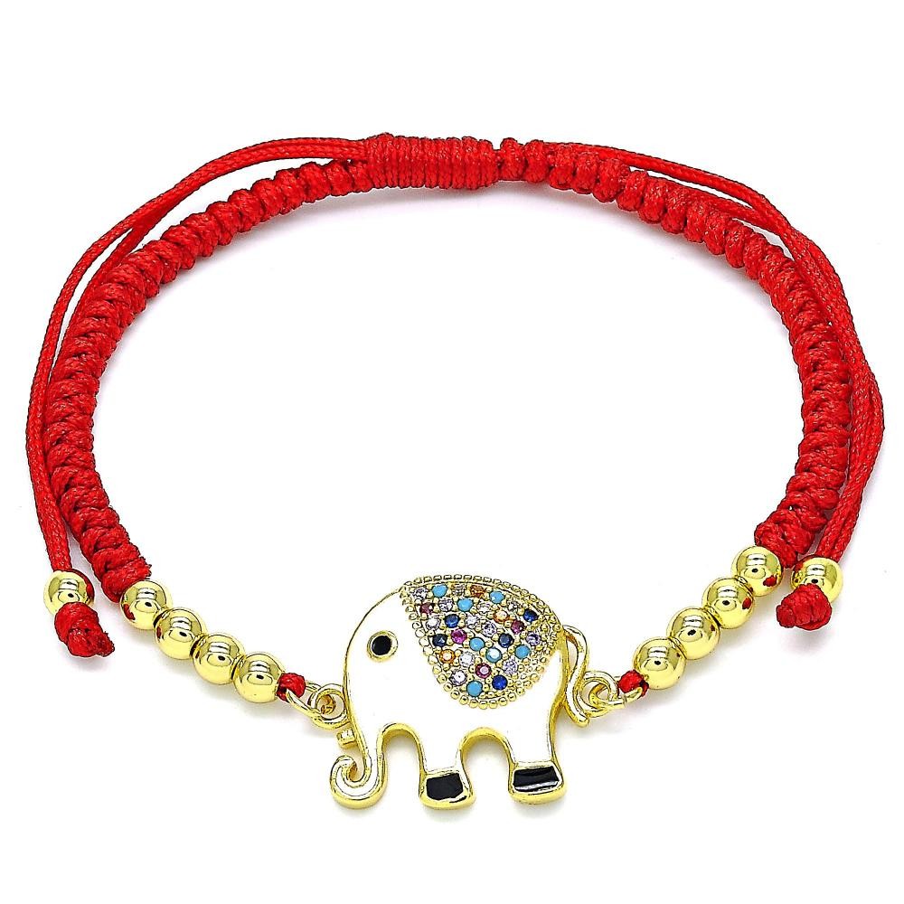 Gold Filled Adjustable Bolo Bracelet Elephant and Ball Design With Multicolor Micro Pave White Enamel Finish Golden Tone