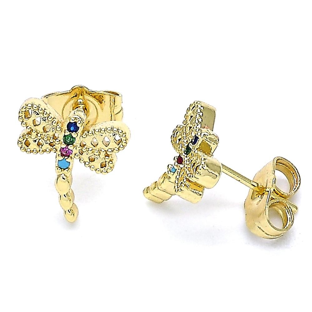 Gold Filled Dragon-Fly Design Stud Earrings With Multicolor Micro Pave Polished Finish Golden Tone
