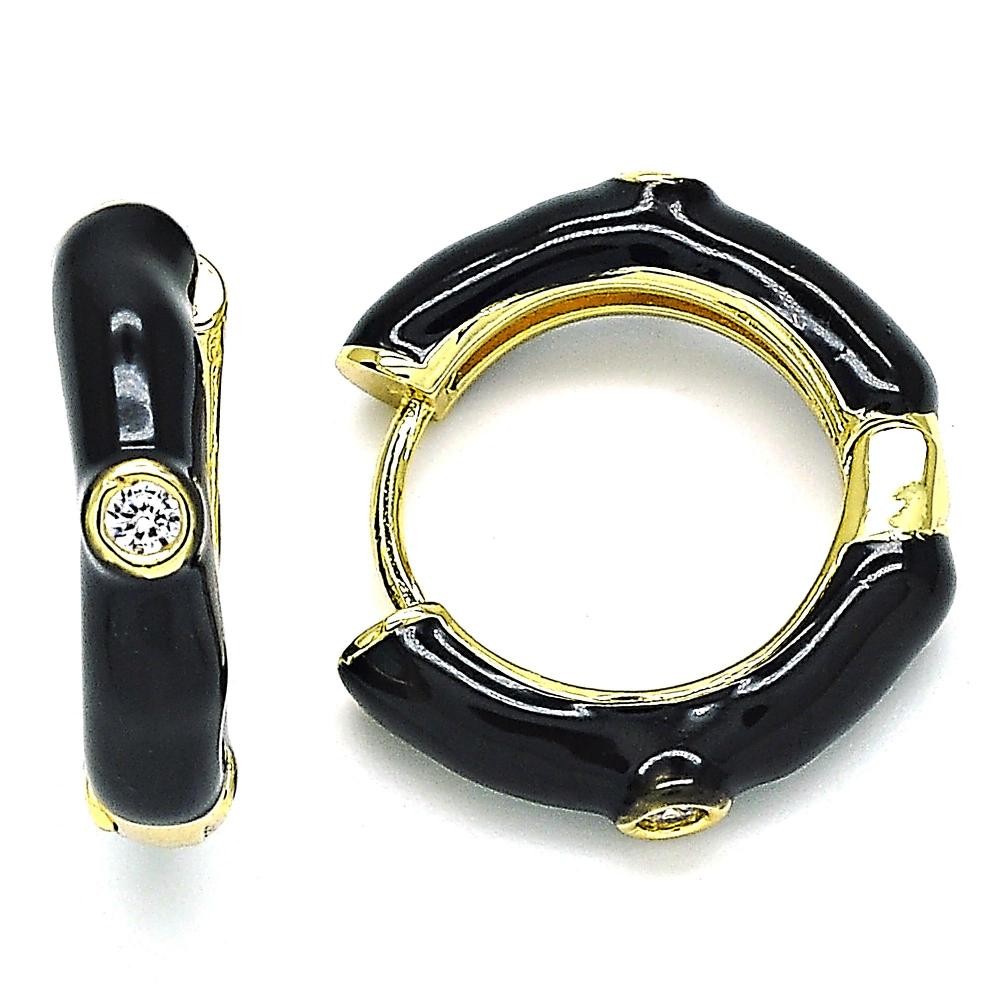Gold Huggie Hoop With White Cubic Zirconia Black Enamel Finish Golden Tone